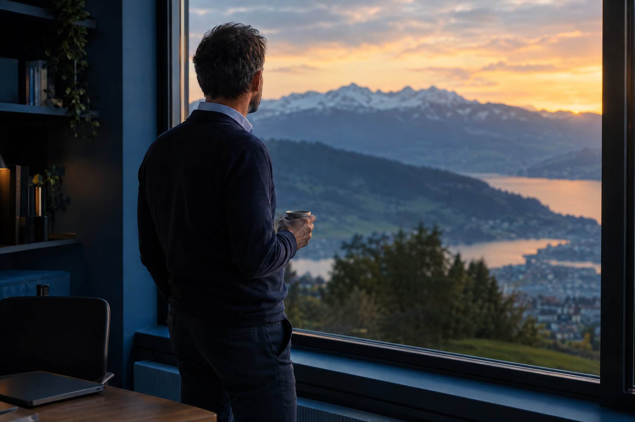 Eine Person steht von hinten mit einer Tasse am Bürofenster und schaut auf See und Berge im Abendlicht.